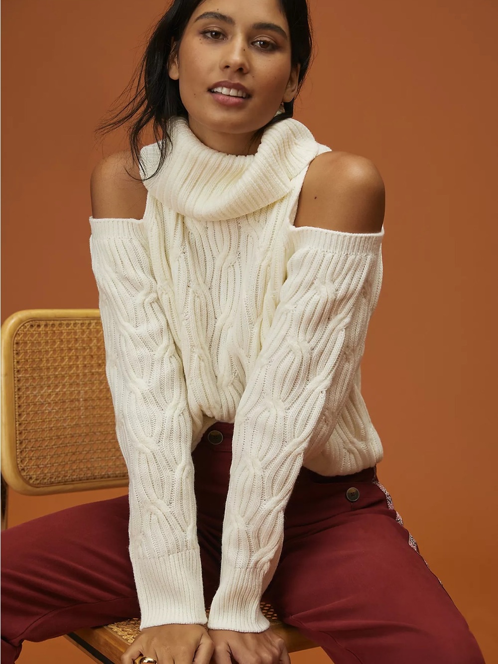 Anthropologie Ivory Cable Knit Cold Shoulder Turtleneck Sweater L NWT